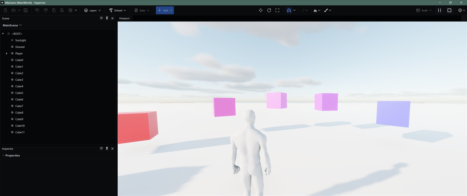 The example running in the editor: cubes circling the player