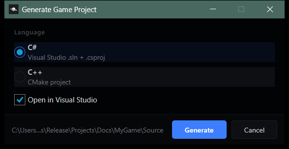 The Generate Game Project window, with C# selected