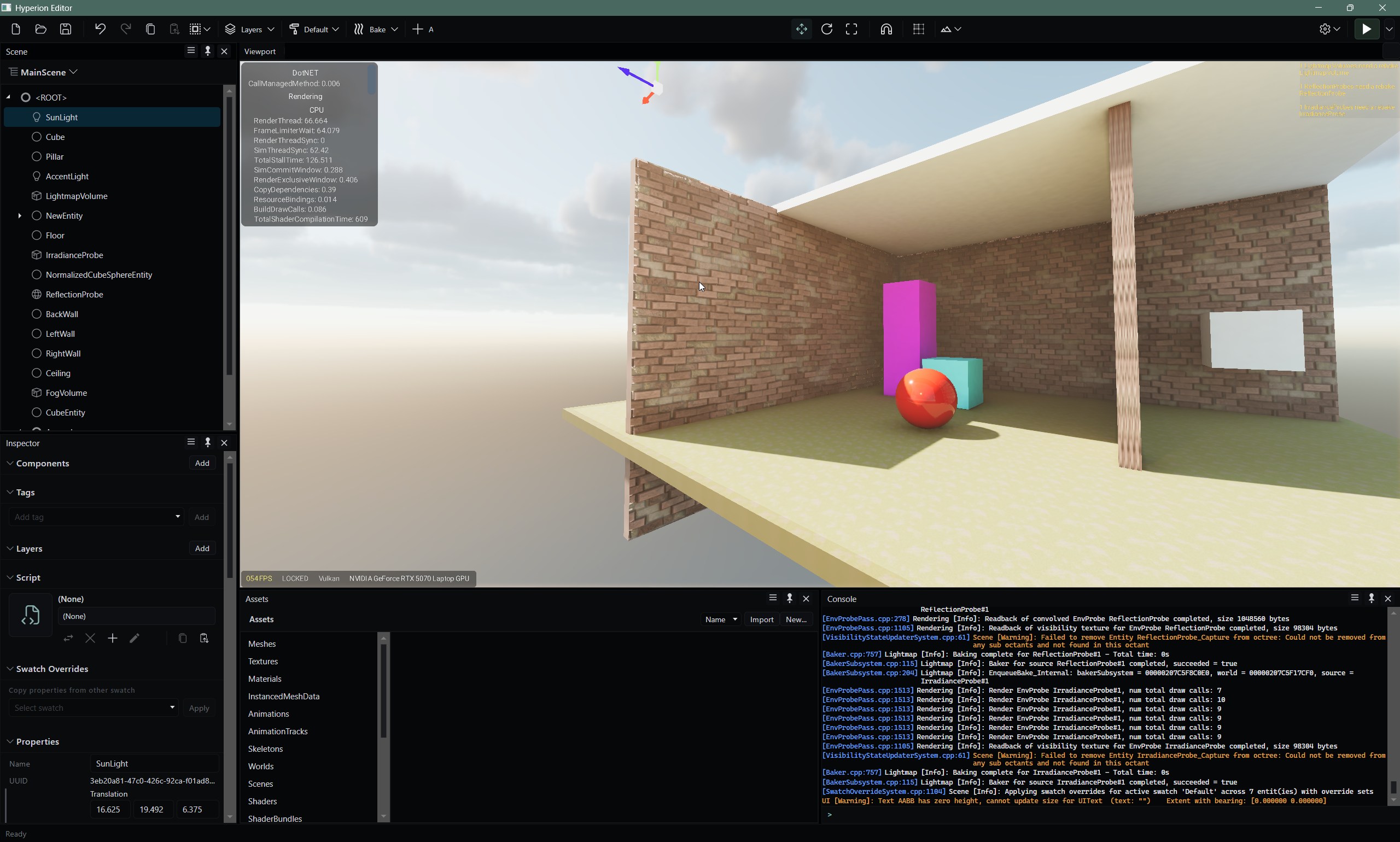 A brick-walled room with a red sphere, coloured boxes and a pillar, in the Hyperion editor viewport