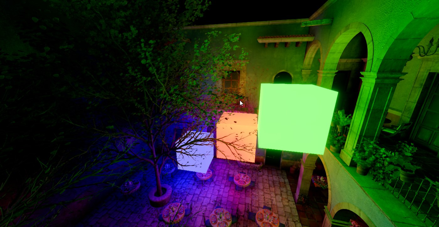 A courtyard at night lit by three glowing emissive cubes, casting white, orange and green light onto the walls, arches and paving
