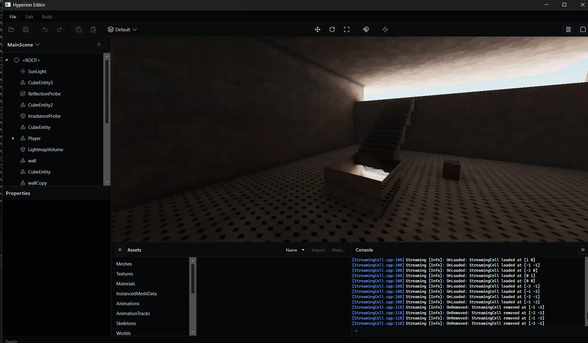 Hyperion editor viewport showing a dark brick test scene with baked lighting