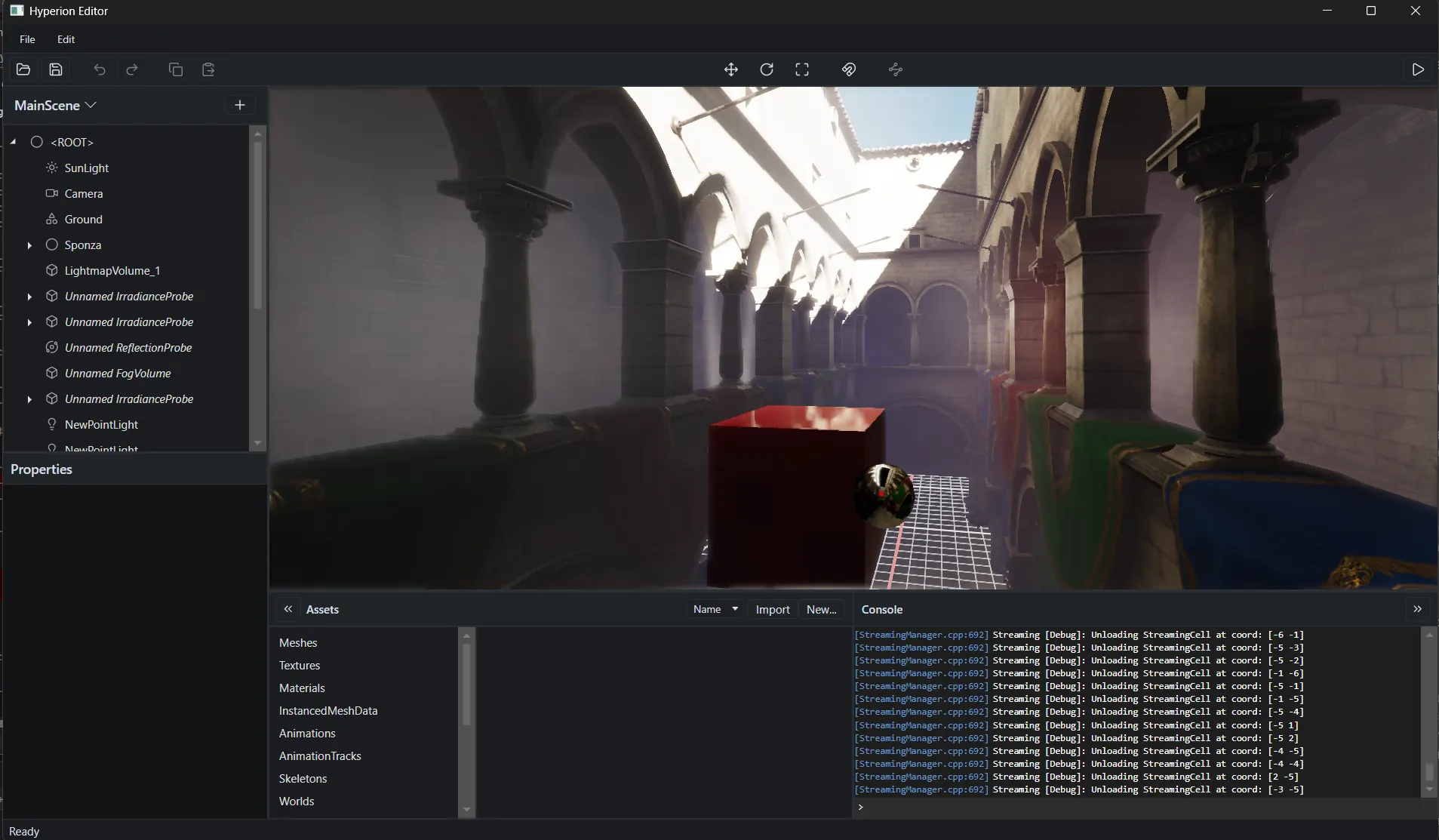 Hyperion editor viewport showing the Sponza atrium with sunlight coming through the roof