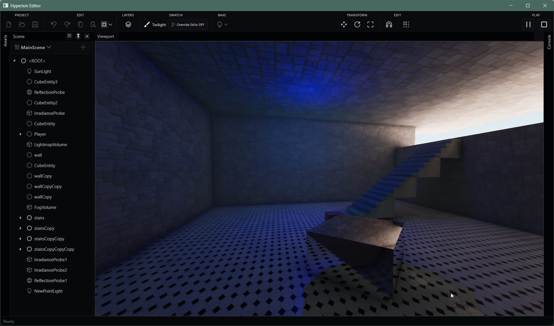 Hyperion editor viewport showing a reflective checkered hall with a floating slab and staircase, lit with baked lighting and reflections