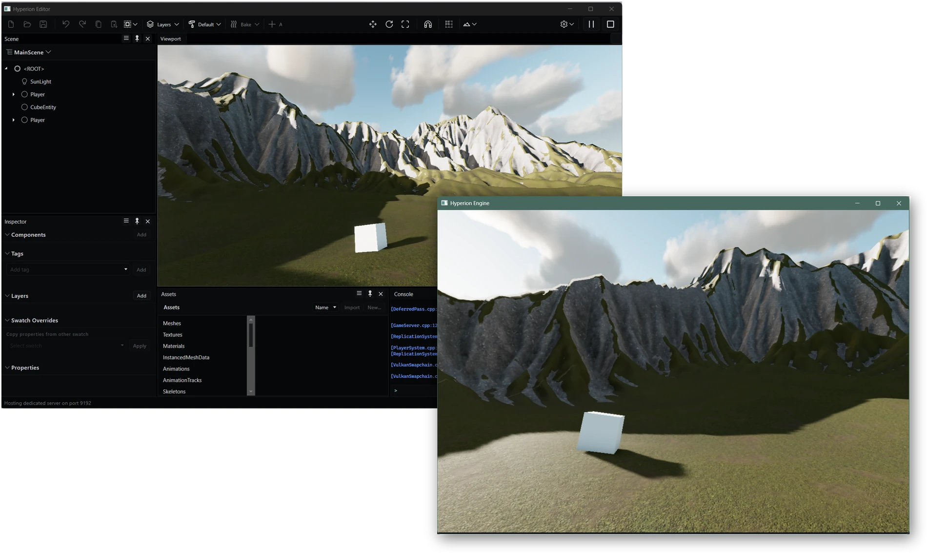 The Hyperion editor and a separate running game window both showing the same mountain terrain, with the editor status bar reading Hosting dedicated server on port 9192